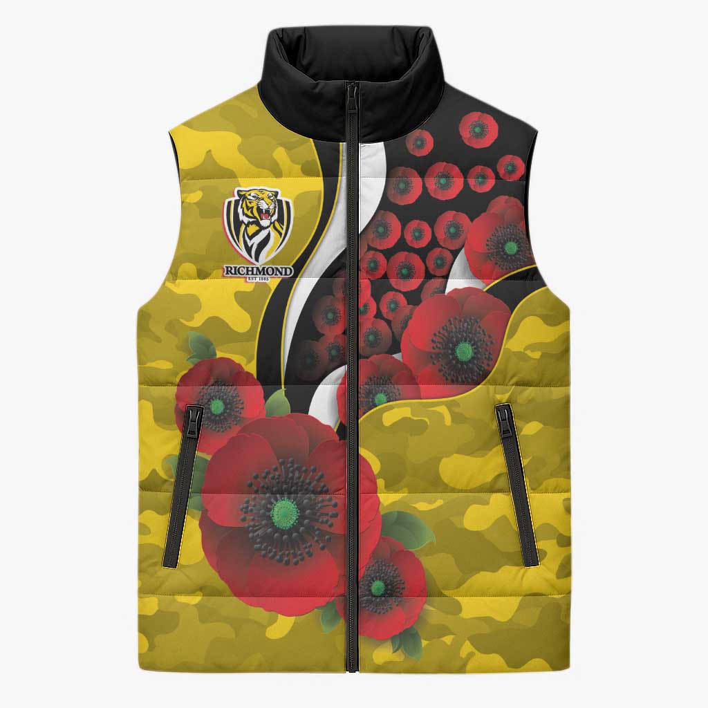 Richmond Tigers ANZAC Personalised Sleeveless Puffer Jacket Lest We Forget Poppy Camo