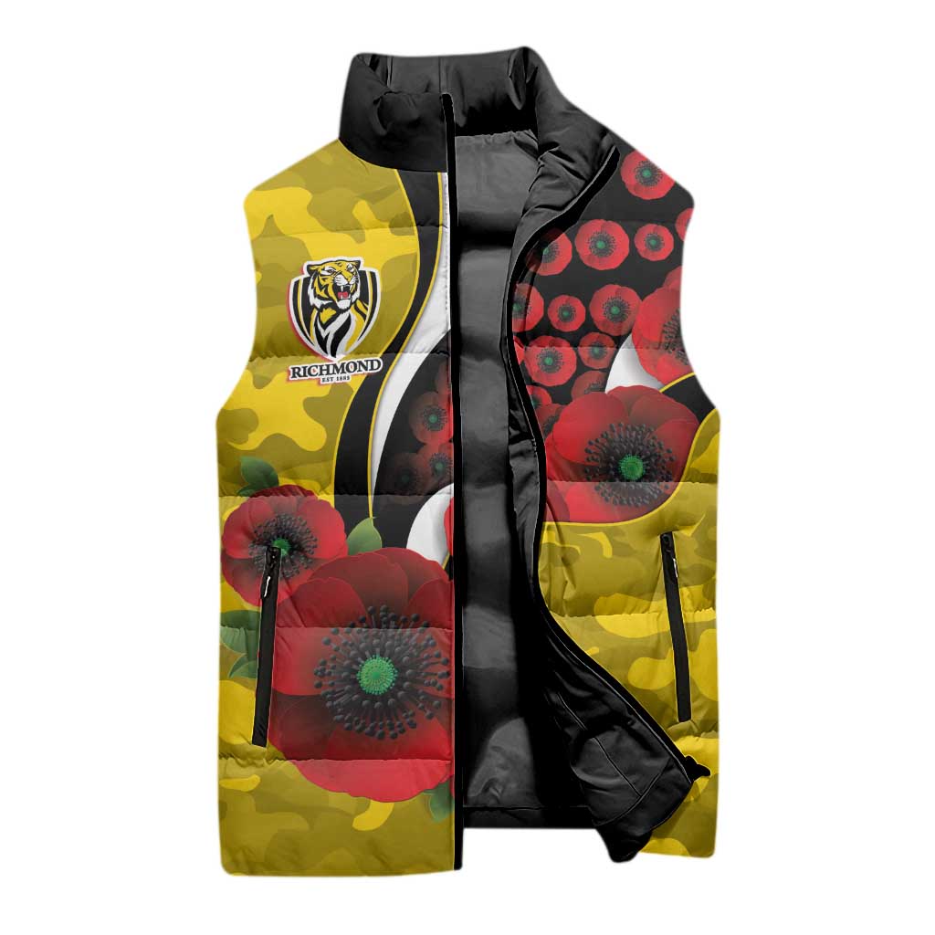 Richmond Tigers ANZAC Personalised Sleeveless Puffer Jacket Lest We Forget Poppy Camo