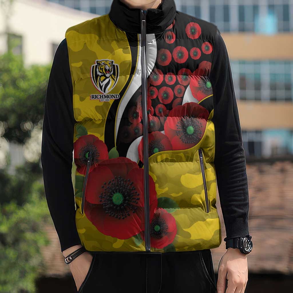 Richmond Tigers ANZAC Personalised Sleeveless Puffer Jacket Lest We Forget Poppy Camo