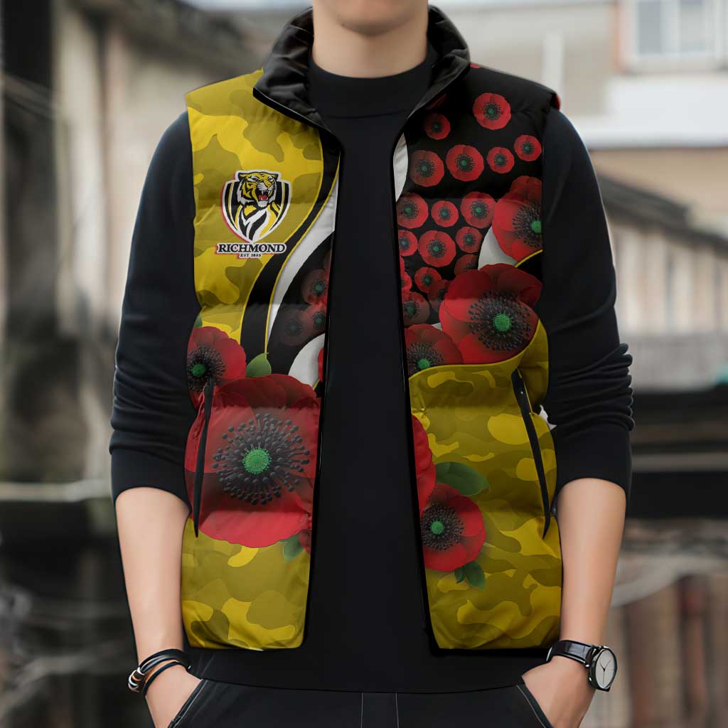 Richmond Tigers ANZAC Personalised Sleeveless Puffer Jacket Lest We Forget Poppy Camo