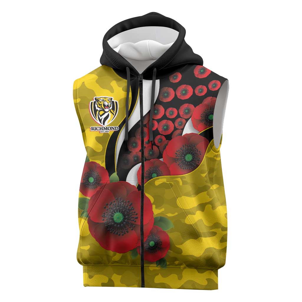 Richmond Tigers ANZAC Personalised Sleeveless Zip Hoodie Lest We Forget Poppy Camo