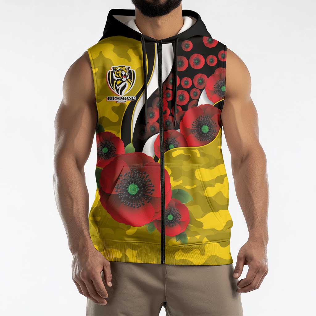 Richmond Tigers ANZAC Personalised Sleeveless Zip Hoodie Lest We Forget Poppy Camo