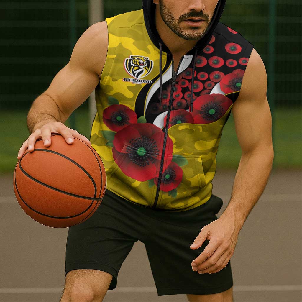 Richmond Tigers ANZAC Personalised Sleeveless Zip Hoodie Lest We Forget Poppy Camo
