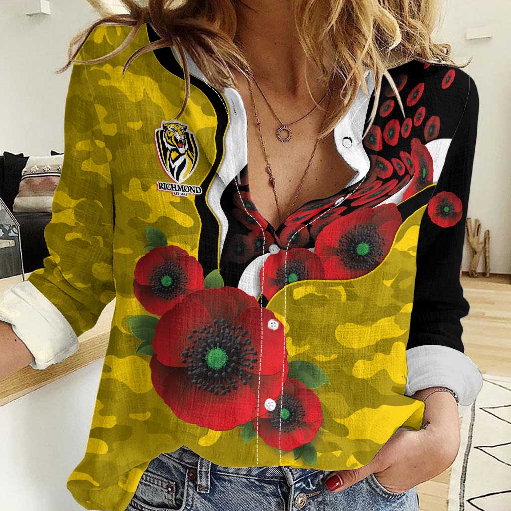Richmond Tigers ANZAC Personalised Women Casual Shirt Lest We Forget Poppy Camo