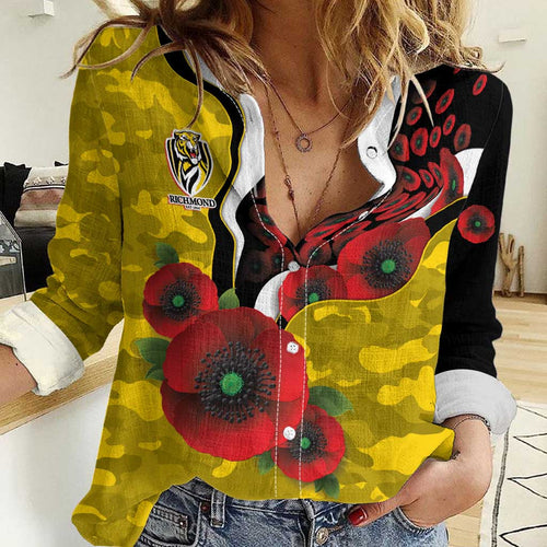 Richmond Tigers ANZAC Personalised Women Casual Shirt Lest We Forget Poppy Camo