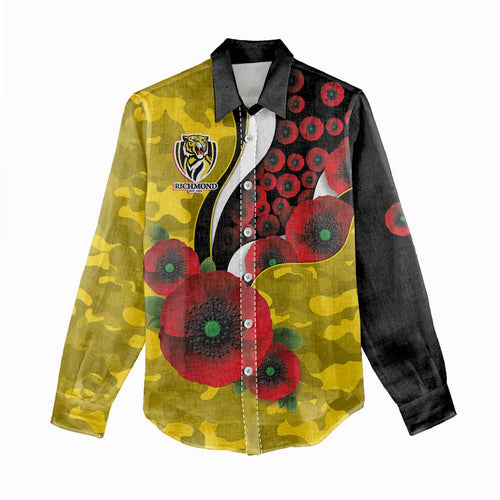 Richmond Tigers ANZAC Personalised Women Casual Shirt Lest We Forget Poppy Camo