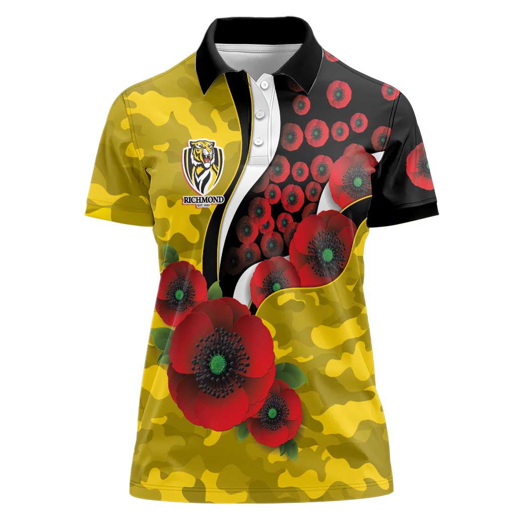 Richmond Tigers ANZAC Personalised Women Polo Shirt Lest We Forget Poppy Camo