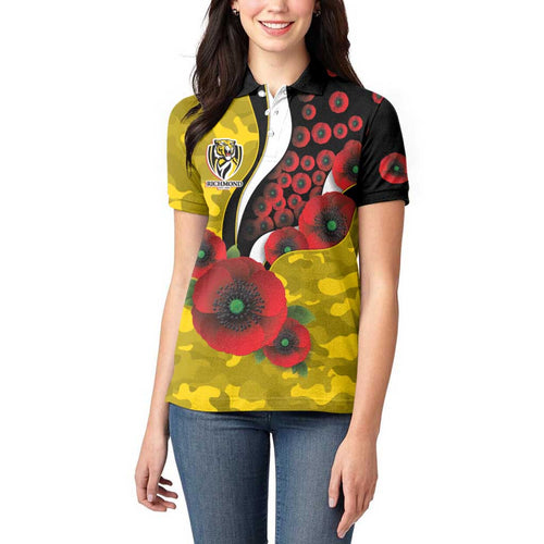 Richmond Tigers ANZAC Personalised Women Polo Shirt Lest We Forget Poppy Camo