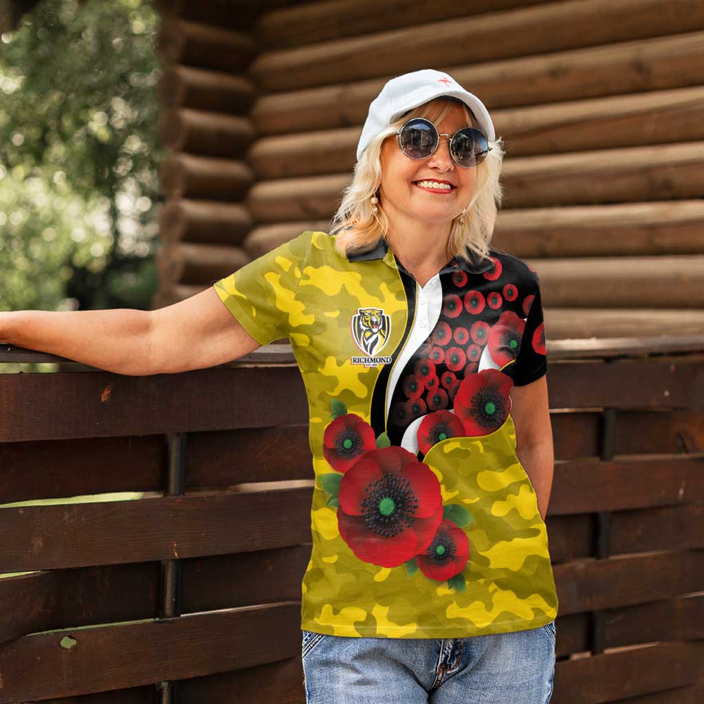 Richmond Tigers ANZAC Personalised Women Polo Shirt Lest We Forget Poppy Camo