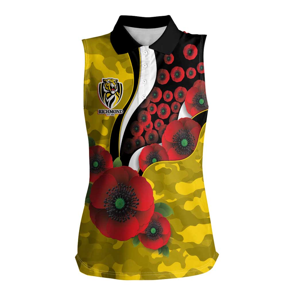 Richmond Tigers ANZAC Personalised Women Sleeveless Polo Shirt Lest We Forget Poppy Camo