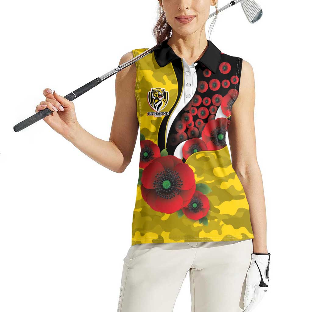 Richmond Tigers ANZAC Personalised Women Sleeveless Polo Shirt Lest We Forget Poppy Camo