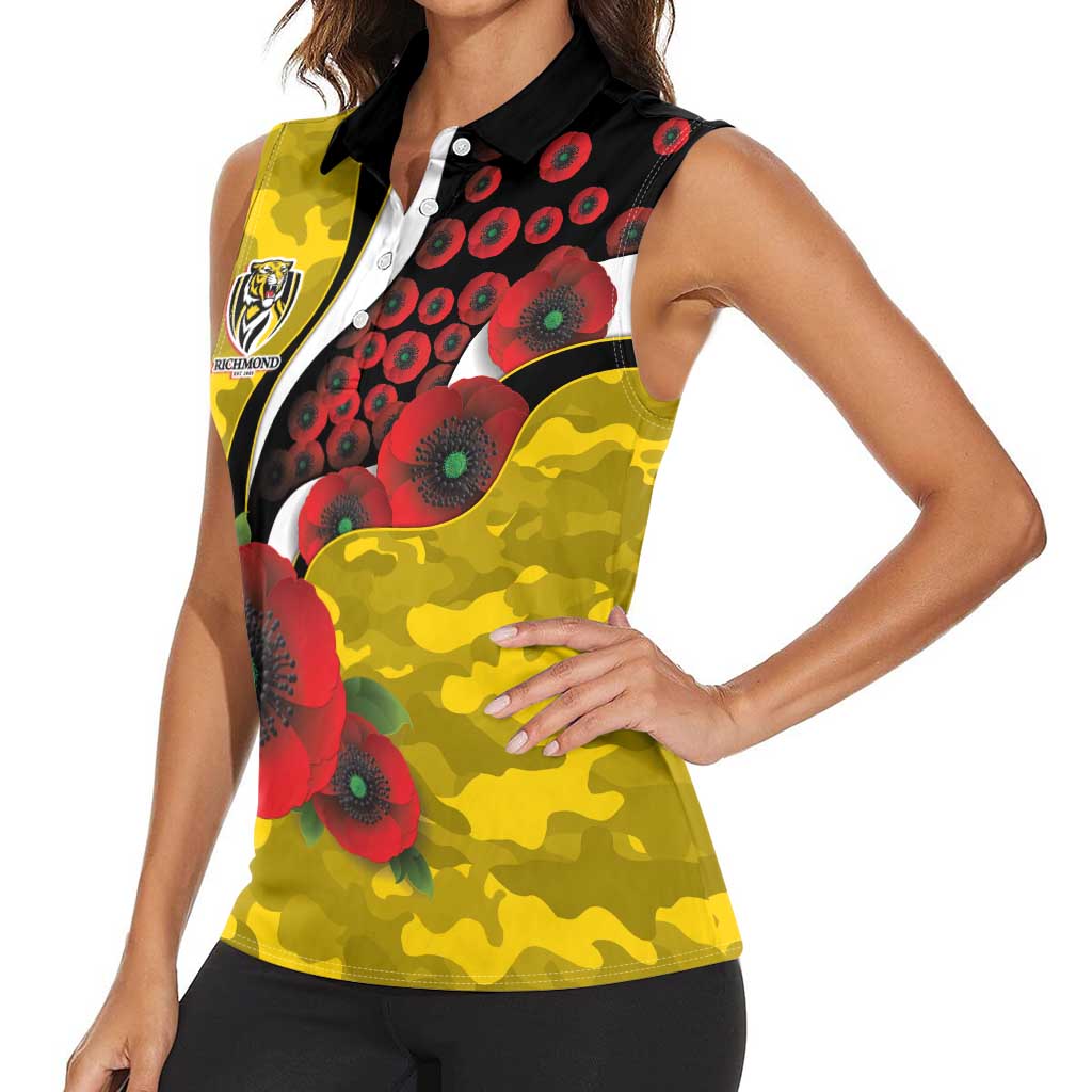 Richmond Tigers ANZAC Personalised Women Sleeveless Polo Shirt Lest We Forget Poppy Camo
