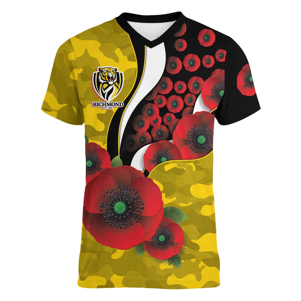 Richmond Tigers ANZAC Personalised Women V-Neck T-Shirt Lest We Forget Poppy Camo