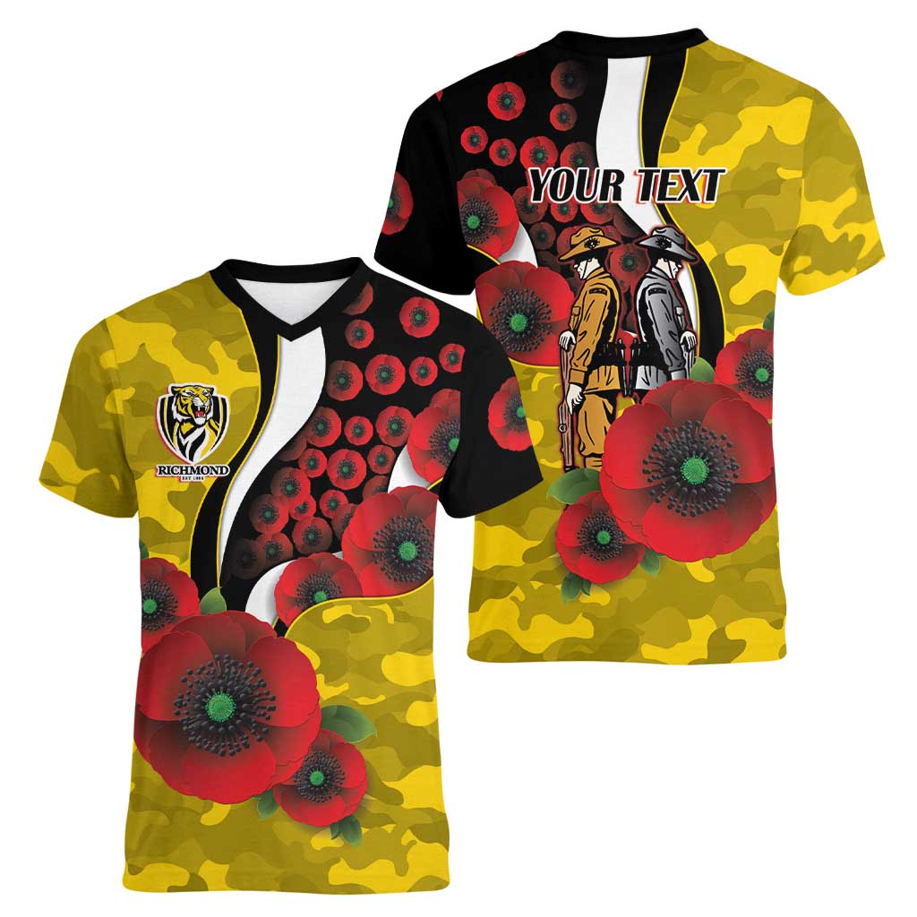 Richmond Tigers ANZAC Personalised Women V-Neck T-Shirt Lest We Forget Poppy Camo