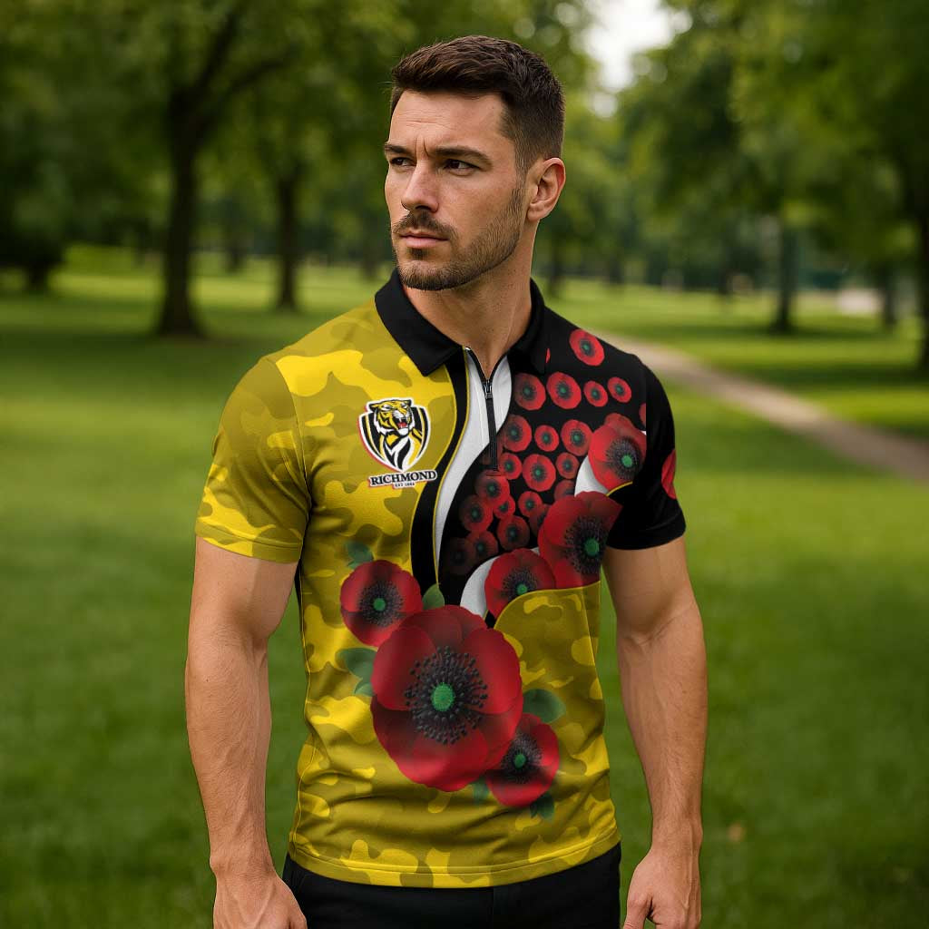 Richmond Tigers ANZAC Personalised Zipper Polo Shirt Lest We Forget Poppy Camo