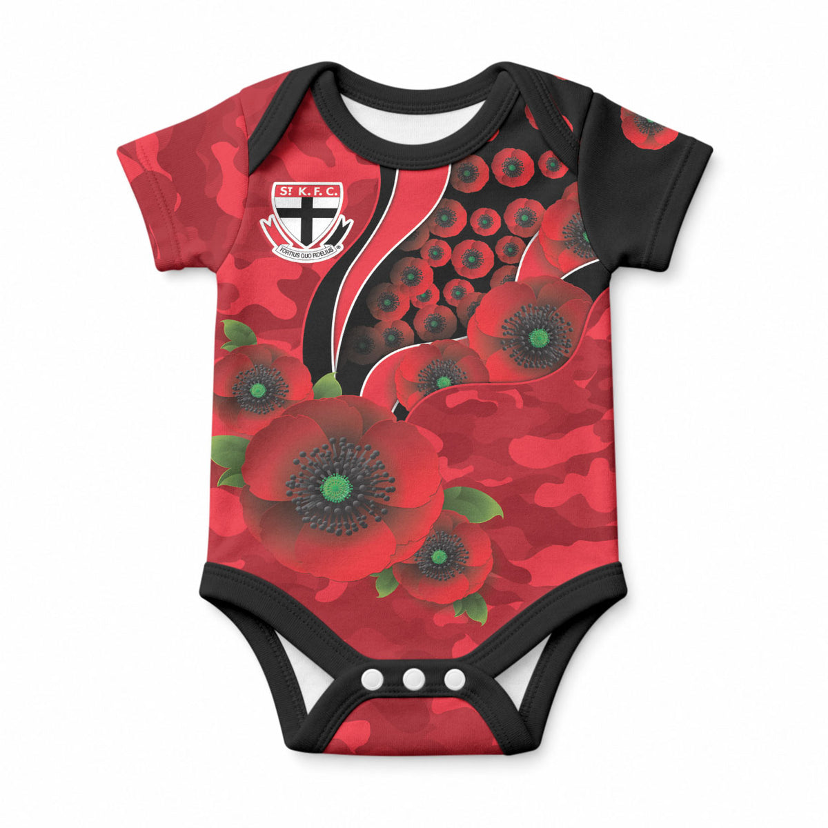 St Saints ANZAC Personalised Baby Onesie Lest We Forget Poppy Camo