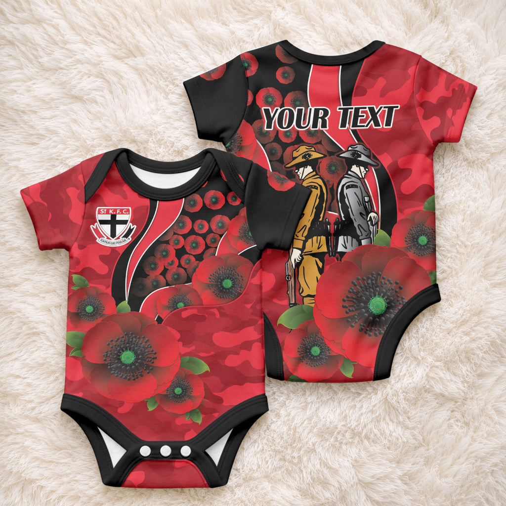 St Saints ANZAC Personalised Baby Onesie Lest We Forget Poppy Camo