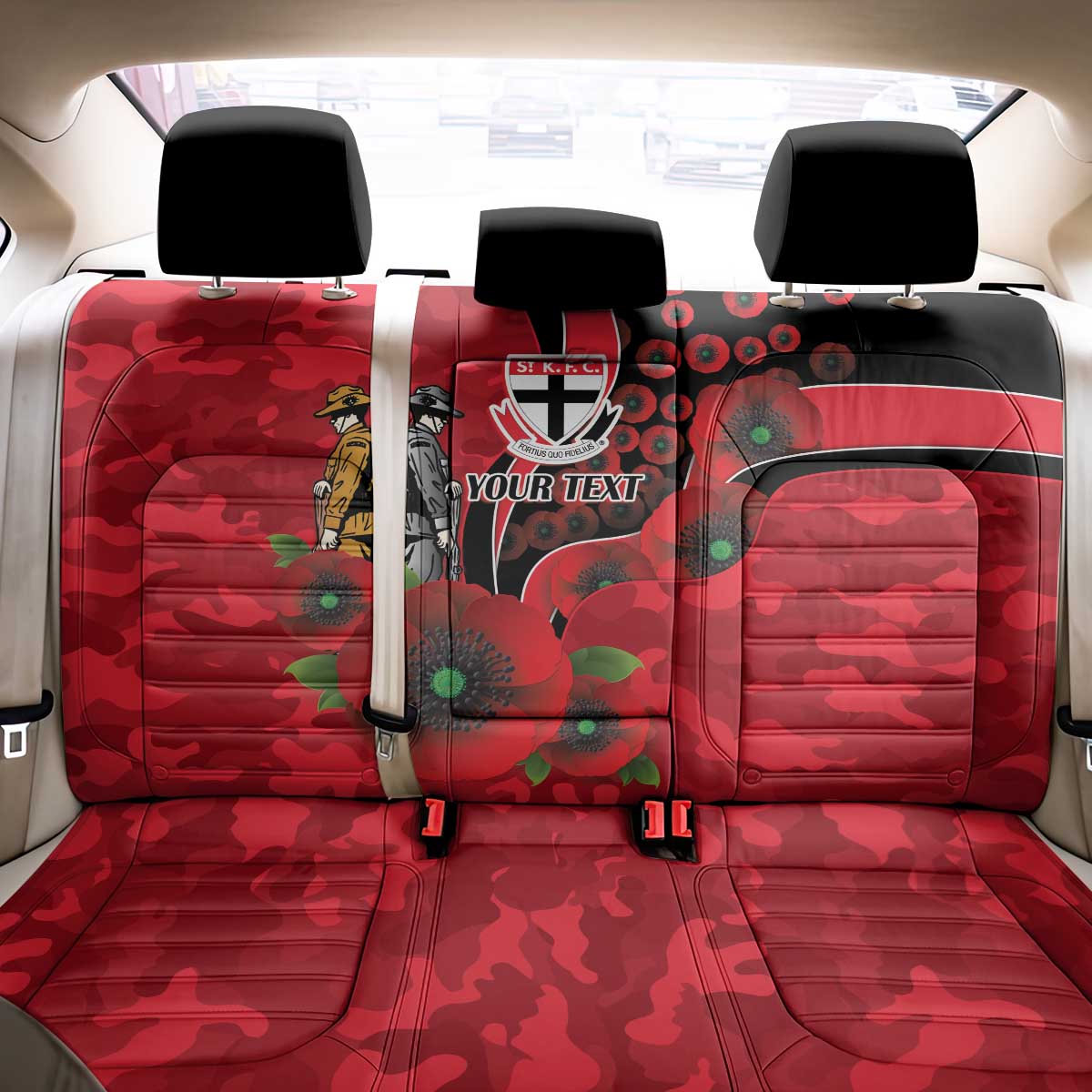 St Saints ANZAC Personalised Back Car Seat Cover Lest We Forget Poppy Camo