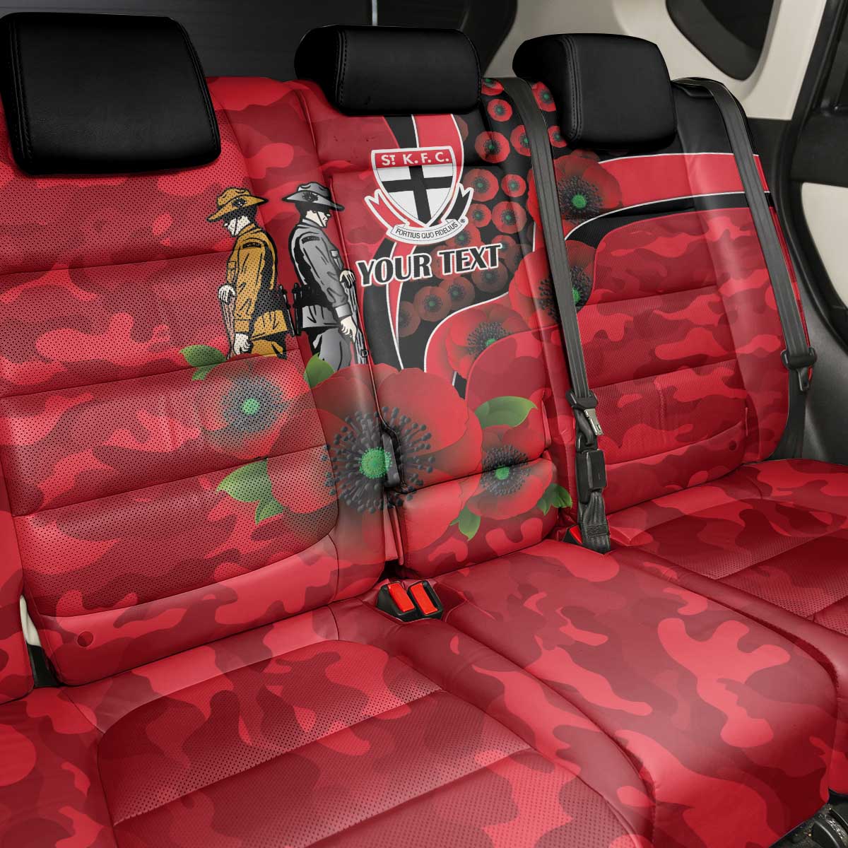St Saints ANZAC Personalised Back Car Seat Cover Lest We Forget Poppy Camo