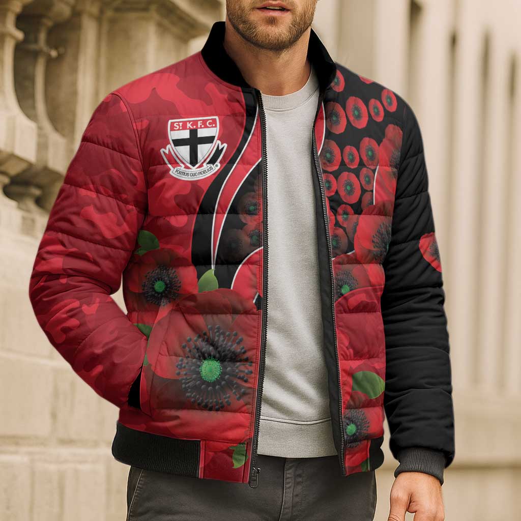 St Saints ANZAC Personalised Bomber Puffer Jacket Lest We Forget Poppy Camo