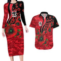 St Saints ANZAC Personalised Couples Matching Long Sleeve Bodycon Dress and Hawaiian Shirt Lest We Forget Poppy Camo
