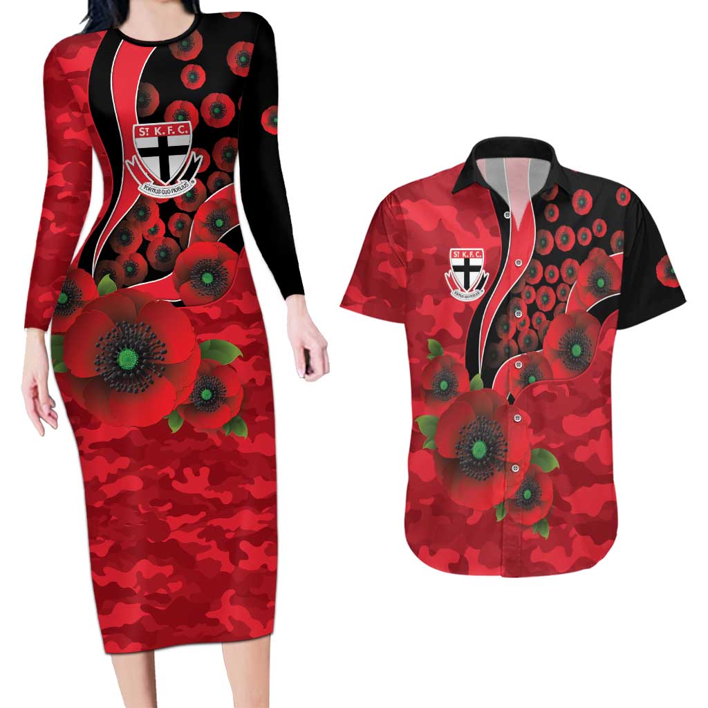 St Saints ANZAC Personalised Couples Matching Long Sleeve Bodycon Dress and Hawaiian Shirt Lest We Forget Poppy Camo
