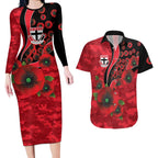 St Saints ANZAC Personalised Couples Matching Long Sleeve Bodycon Dress and Hawaiian Shirt Lest We Forget Poppy Camo