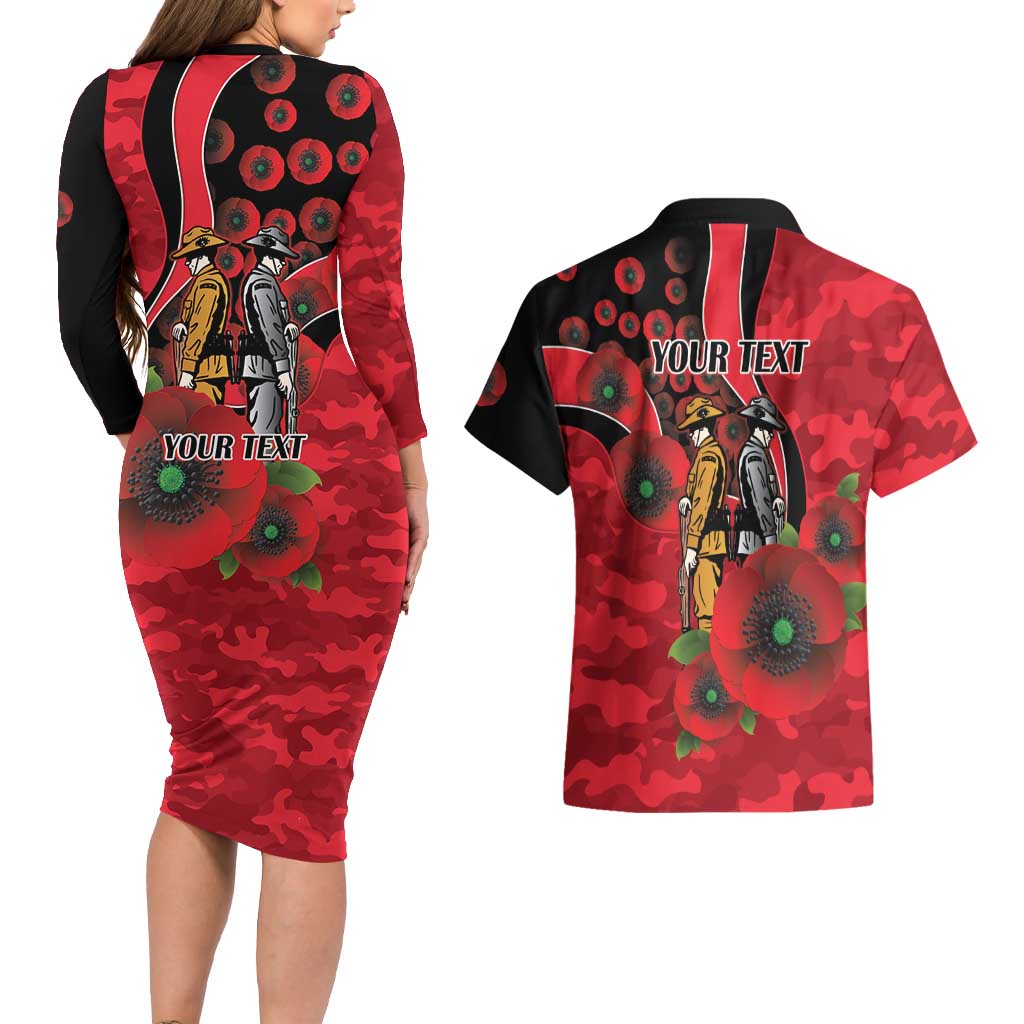 St Saints ANZAC Personalised Couples Matching Long Sleeve Bodycon Dress and Hawaiian Shirt Lest We Forget Poppy Camo