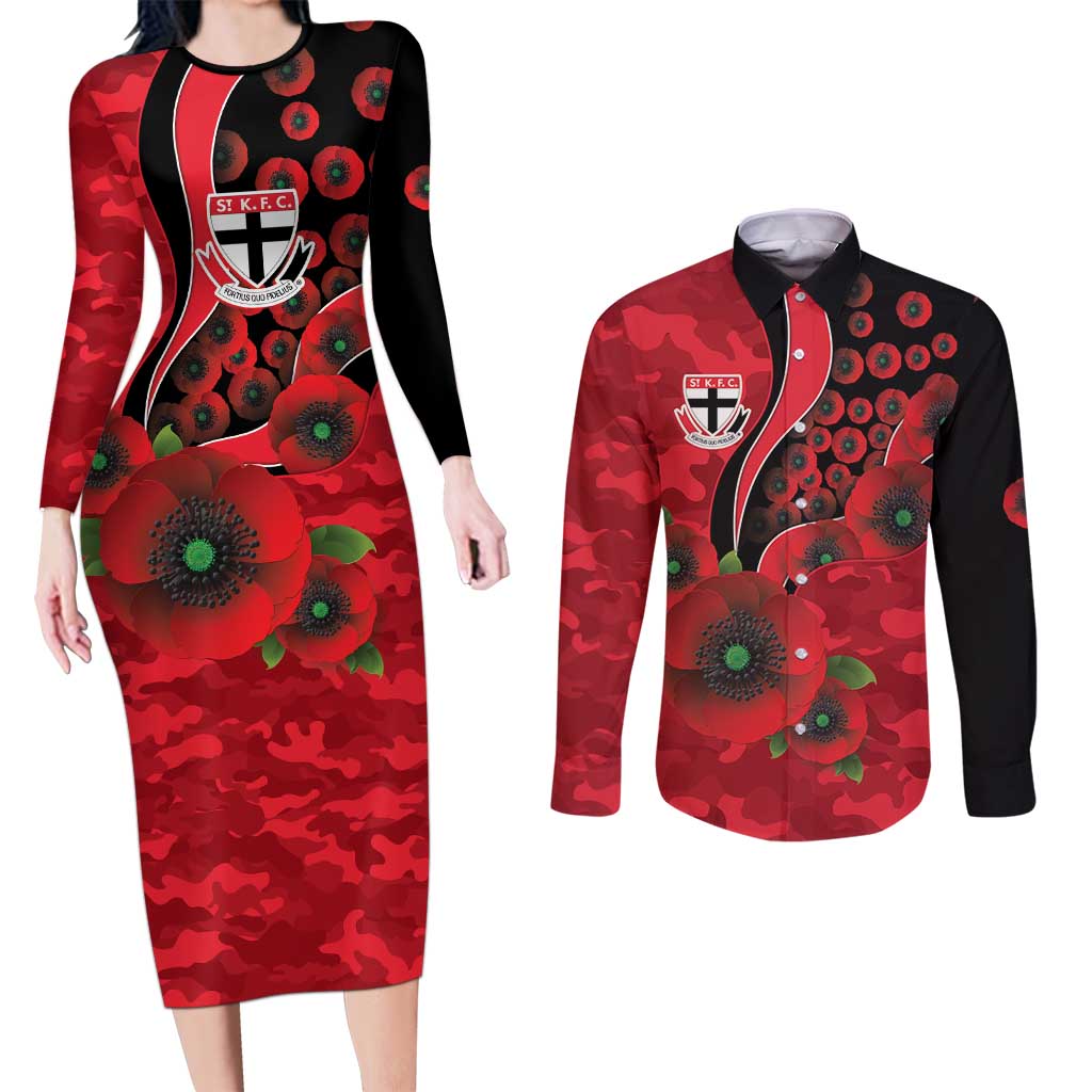 St Saints ANZAC Personalised Couples Matching Long Sleeve Bodycon Dress and Long Sleeve Button Shirt Lest We Forget Poppy Camo