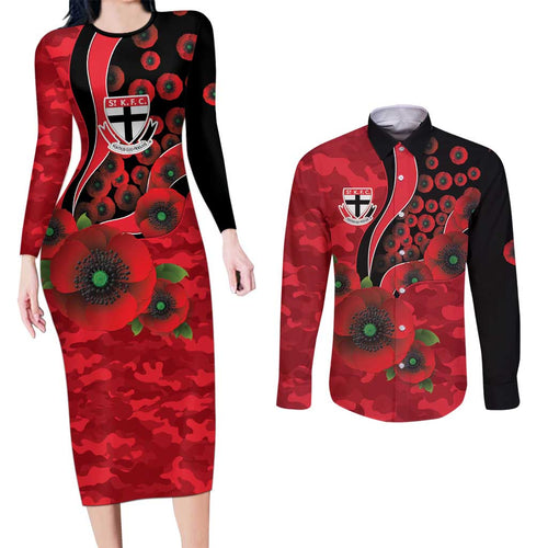 St Saints ANZAC Personalised Couples Matching Long Sleeve Bodycon Dress and Long Sleeve Button Shirt Lest We Forget Poppy Camo
