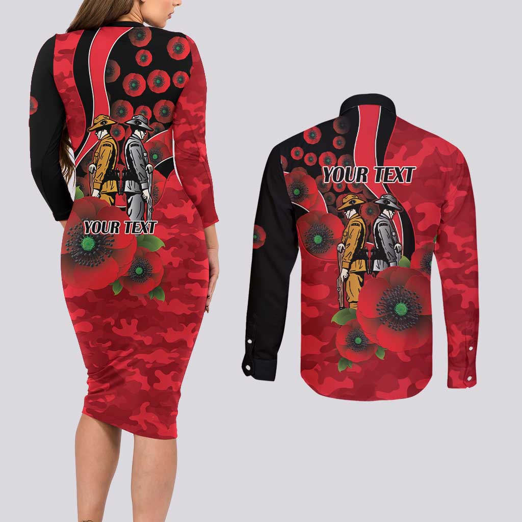 St Saints ANZAC Personalised Couples Matching Long Sleeve Bodycon Dress and Long Sleeve Button Shirt Lest We Forget Poppy Camo