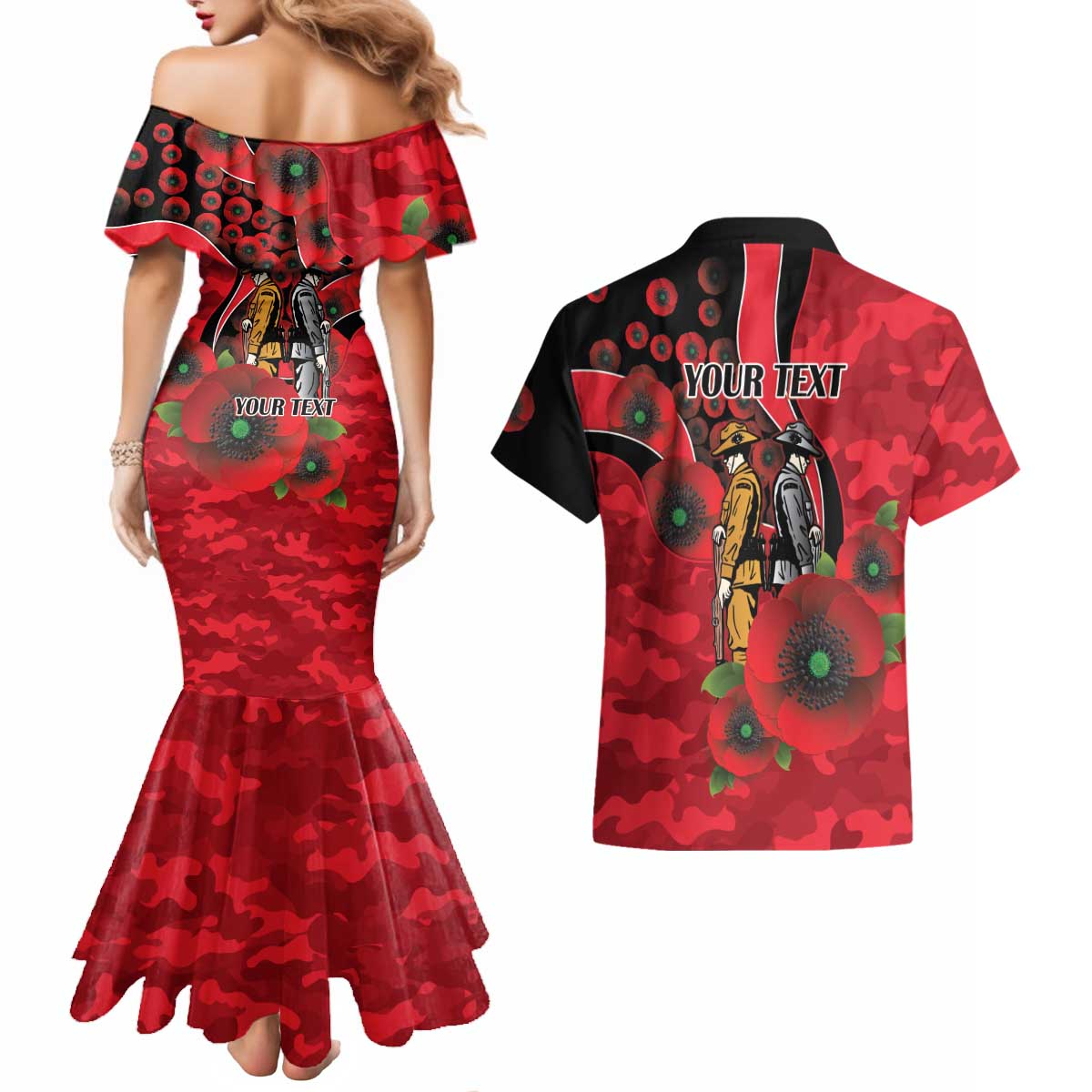St Saints ANZAC Personalised Couples Matching Mermaid Dress and Hawaiian Shirt Lest We Forget Poppy Camo