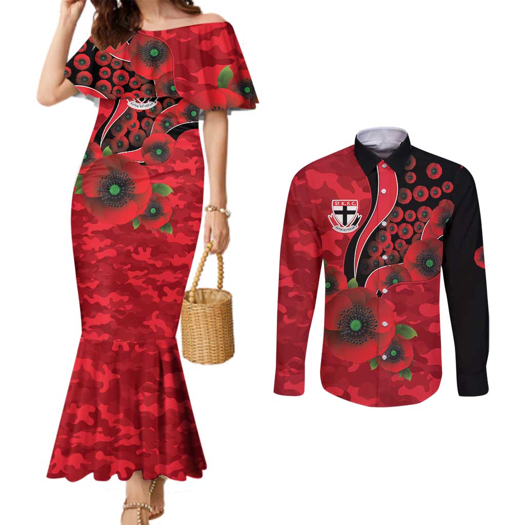 St Saints ANZAC Personalised Couples Matching Mermaid Dress and Long Sleeve Button Shirt Lest We Forget Poppy Camo