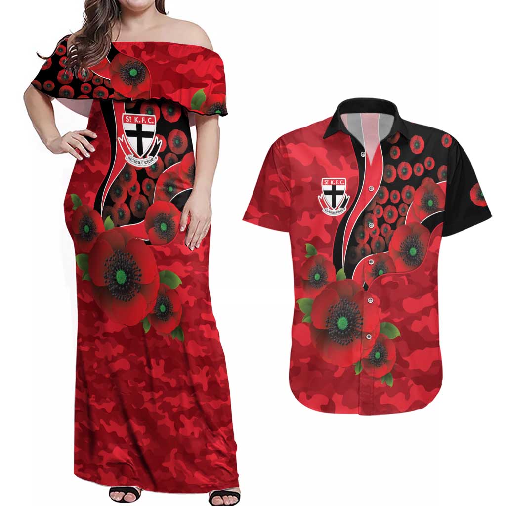 St Saints ANZAC Personalised Couples Matching Off Shoulder Maxi Dress and Hawaiian Shirt Lest We Forget Poppy Camo