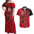 St Saints ANZAC Personalised Couples Matching Off Shoulder Maxi Dress and Hawaiian Shirt Lest We Forget Poppy Camo