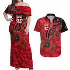 St Saints ANZAC Personalised Couples Matching Off Shoulder Maxi Dress and Hawaiian Shirt Lest We Forget Poppy Camo