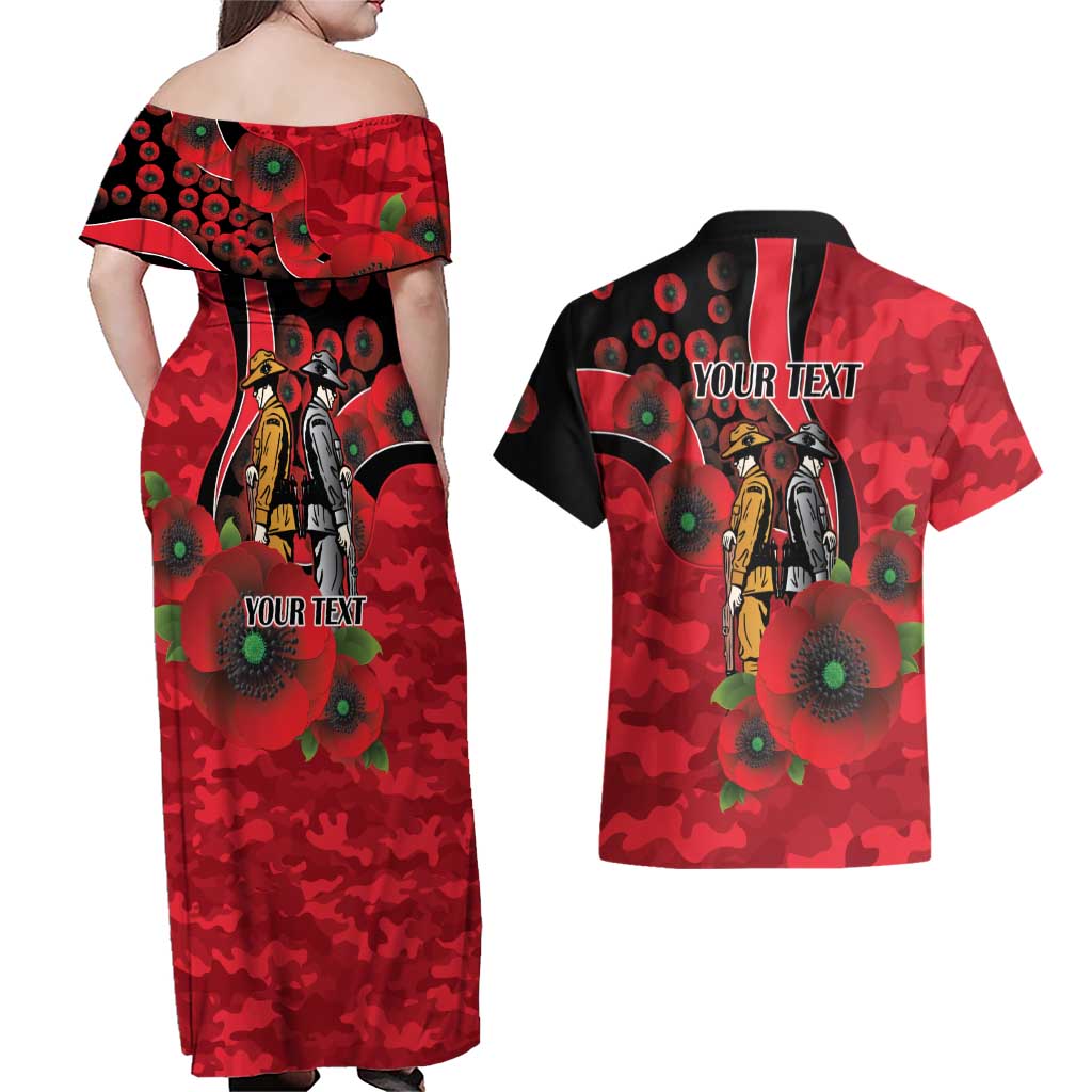 St Saints ANZAC Personalised Couples Matching Off Shoulder Maxi Dress and Hawaiian Shirt Lest We Forget Poppy Camo