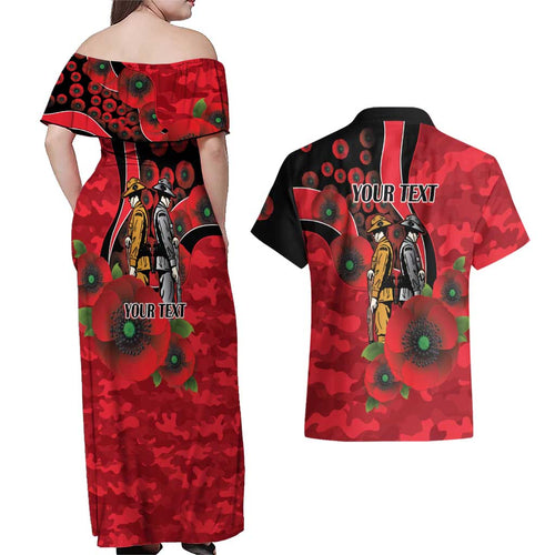 St Saints ANZAC Personalised Couples Matching Off Shoulder Maxi Dress and Hawaiian Shirt Lest We Forget Poppy Camo