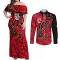 St Saints ANZAC Personalised Couples Matching Off Shoulder Maxi Dress and Long Sleeve Button Shirt Lest We Forget Poppy Camo