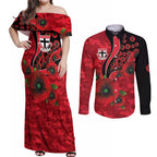 St Saints ANZAC Personalised Couples Matching Off Shoulder Maxi Dress and Long Sleeve Button Shirt Lest We Forget Poppy Camo