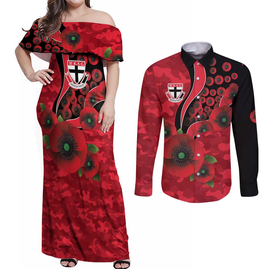 St Saints ANZAC Personalised Couples Matching Off Shoulder Maxi Dress and Long Sleeve Button Shirt Lest We Forget Poppy Camo