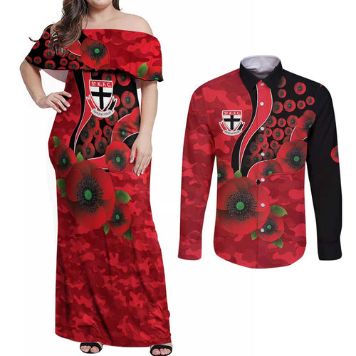 St Saints ANZAC Personalised Couples Matching Off Shoulder Maxi Dress and Long Sleeve Button Shirt Lest We Forget Poppy Camo