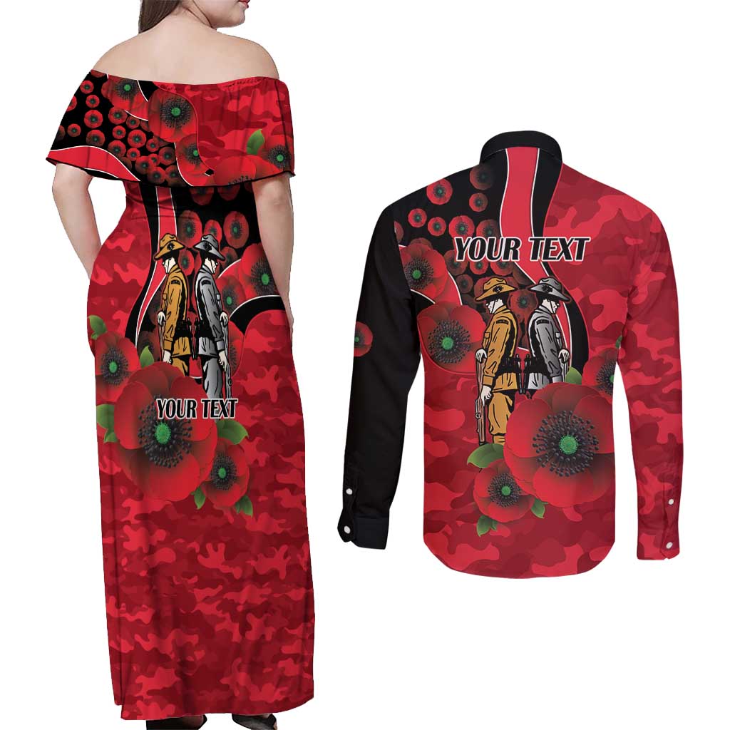 St Saints ANZAC Personalised Couples Matching Off Shoulder Maxi Dress and Long Sleeve Button Shirt Lest We Forget Poppy Camo