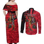 St Saints ANZAC Personalised Couples Matching Off Shoulder Maxi Dress and Long Sleeve Button Shirt Lest We Forget Poppy Camo