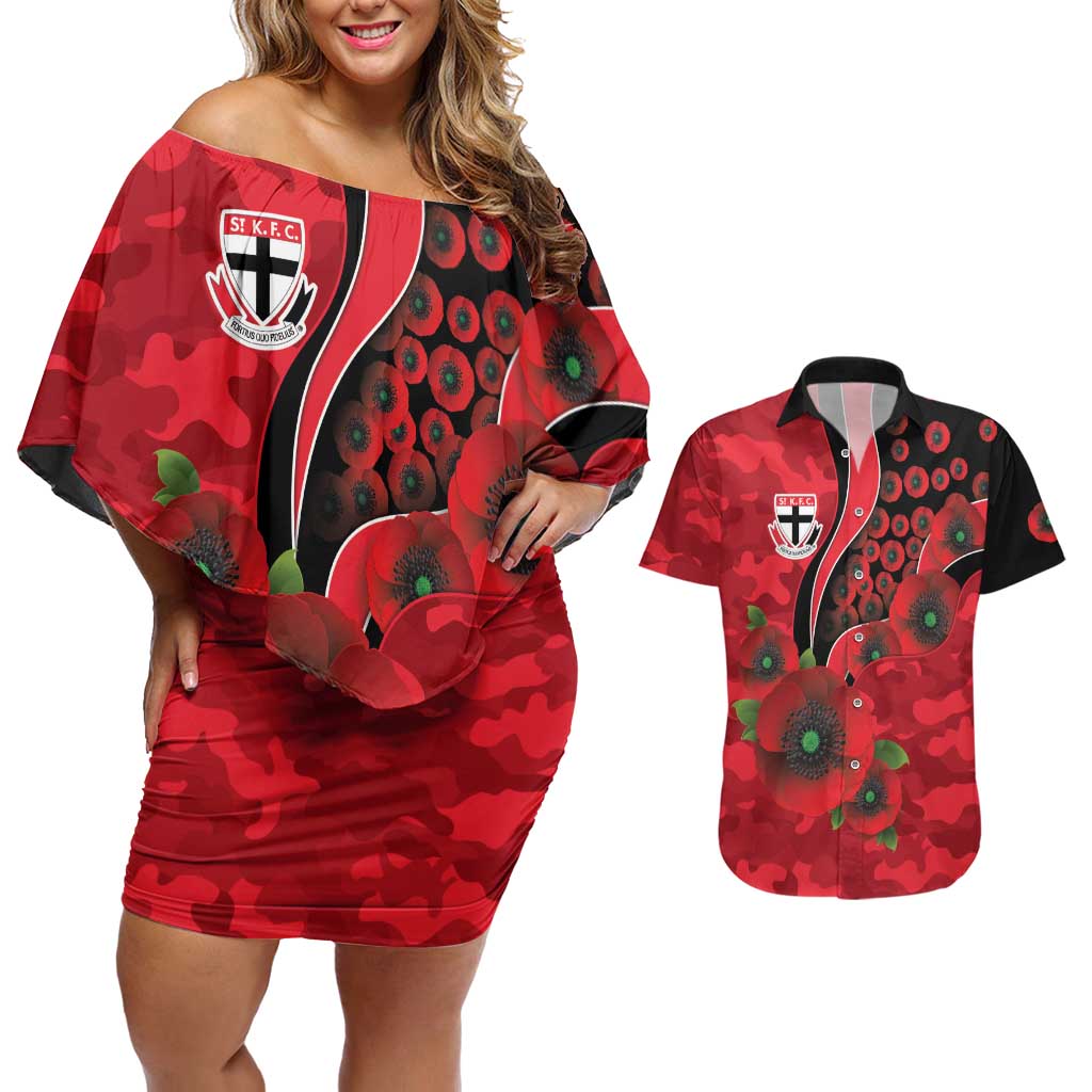 St Saints ANZAC Personalised Couples Matching Off Shoulder Short Dress and Hawaiian Shirt Lest We Forget Poppy Camo