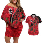 St Saints ANZAC Personalised Couples Matching Off Shoulder Short Dress and Hawaiian Shirt Lest We Forget Poppy Camo