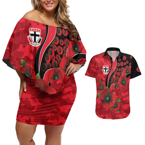 St Saints ANZAC Personalised Couples Matching Off Shoulder Short Dress and Hawaiian Shirt Lest We Forget Poppy Camo