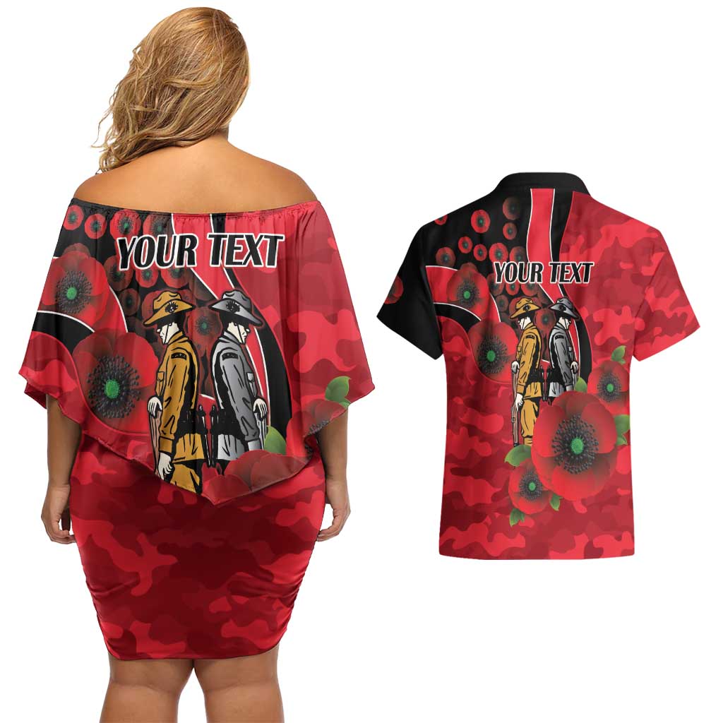 St Saints ANZAC Personalised Couples Matching Off Shoulder Short Dress and Hawaiian Shirt Lest We Forget Poppy Camo