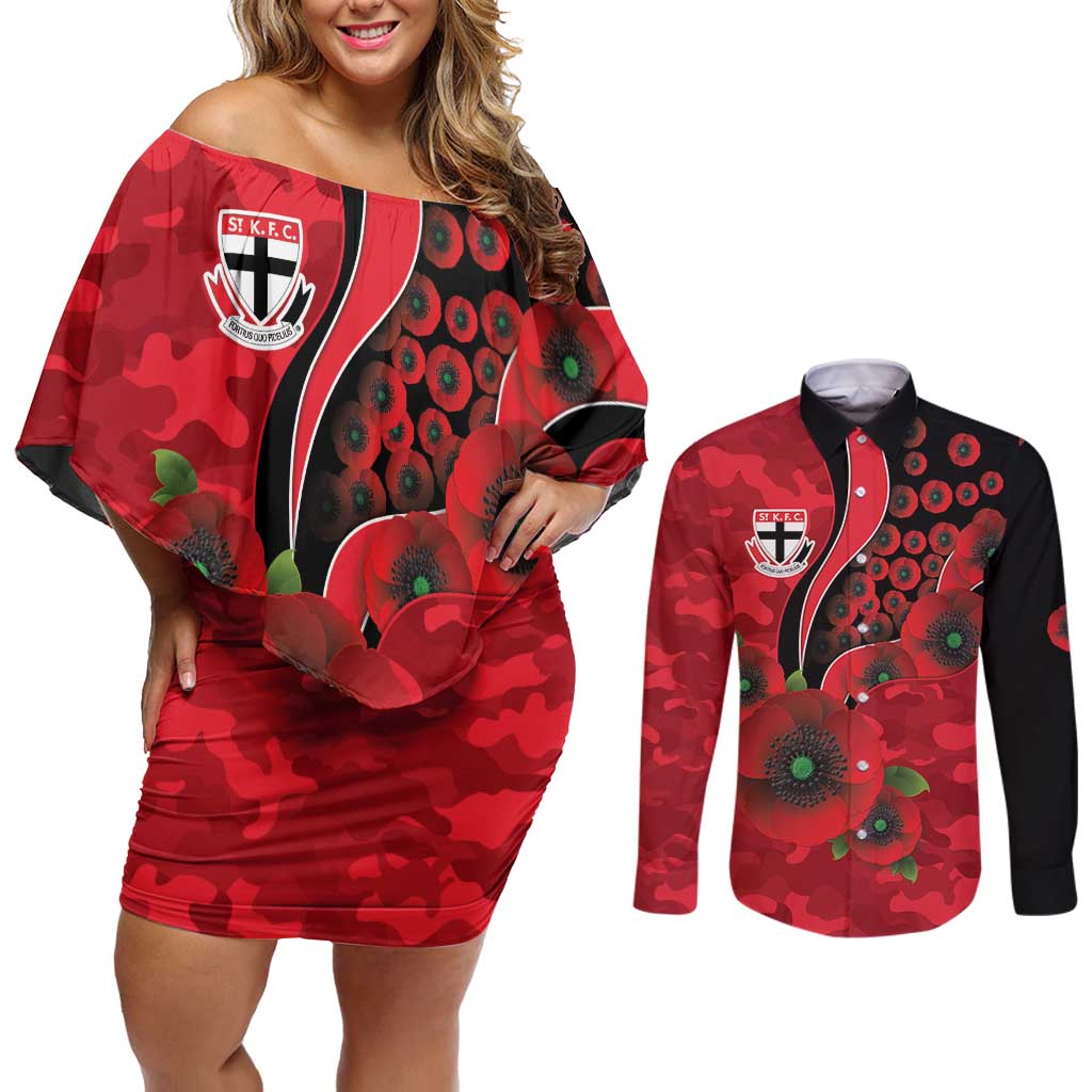 St Saints ANZAC Personalised Couples Matching Off Shoulder Short Dress and Long Sleeve Button Shirt Lest We Forget Poppy Camo