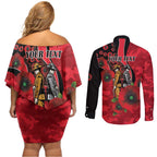 St Saints ANZAC Personalised Couples Matching Off Shoulder Short Dress and Long Sleeve Button Shirt Lest We Forget Poppy Camo